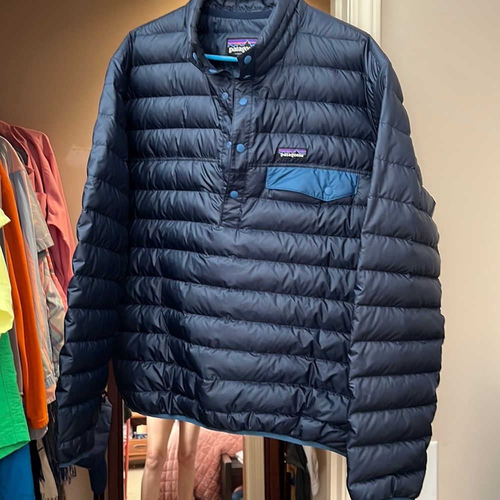 Patagonia Down Sweater Snap-T Pullover Men's Size L Puffer Navy Blue